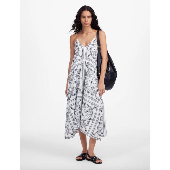 Madewell Embroidered Deep V Neck Midi Dress Bandana Boho White Navy Large NWT - Picture 1 of 16